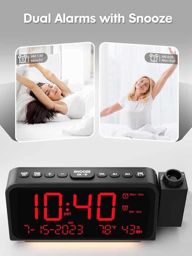 ROCAM Projection Alarm Clock with 180° Ceiling Projector & Digital Display | 5-Level Dimmer, Dual Alarms, Night Light, Temp & Humidity Display, Weekday/Weekend Mode, DST, Snooze Function for bedroom