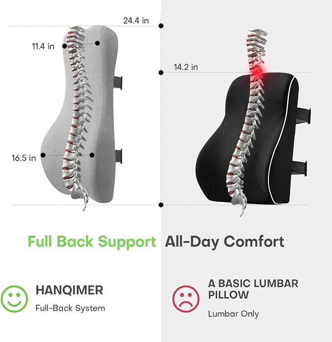 Back Support for Office Chair, 24" Full Back Memory Foam Cushion | No Forward Push Design • Lumbar & Back Pain Relief • Extended Upper Back & Neck Comfort • Dual Adjustable Straps