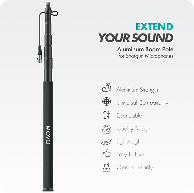 Movo CMP-17C Professional 9.8' Aluminum Boom Pole for Shotgun Microphones with Internal XLR Cable – Compatible with Rode NTG Series, Sennheiser MKE600, Audio-Technica AT875R & More