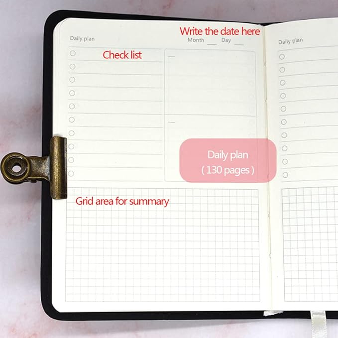 A6 Undated Daily Planner Starry Sky Journal Monthly & Daily Planner Small Diary Agenda, Self-filling Date,Mini Soft Pu Leather Cover, Size 64K 4.1" * 5.5" (White)