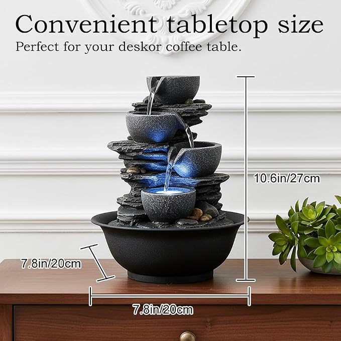 10.6” High Tabletop Water Fountain - 4-Tier Tabletop Fountain Indoor with LED Light, Rock Style Cascading Desk Fountain, Zen Relaxation Water Feature for Office, Living Room or Bedroom Decor