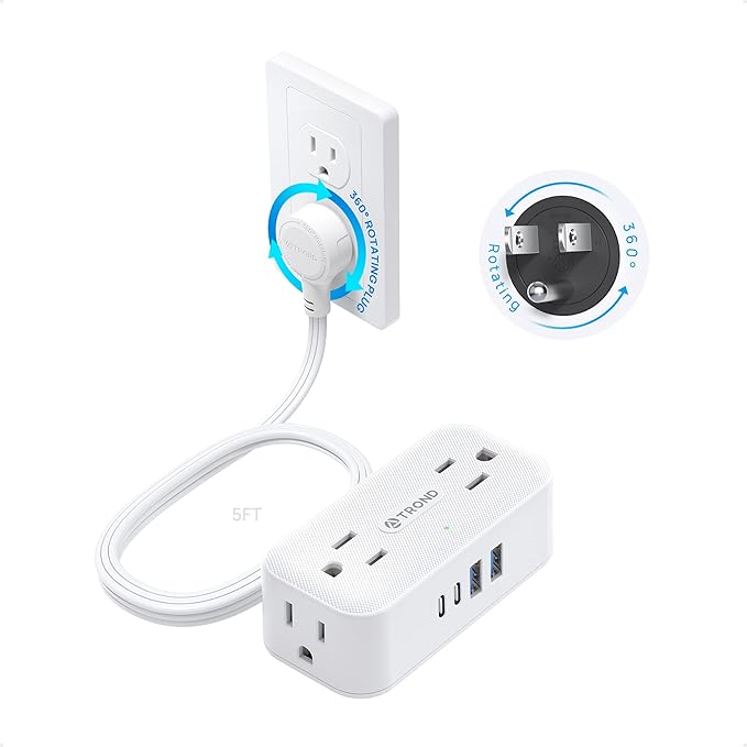TROND 360° Rotating Flat Plug Power Strip, 5FT Extension Cord with 4 USB Ports, 4 Wide Spaced AC Outlets, Wall Mount, 900J Surge Protector for Office Travel Dorm Room Essentials, White