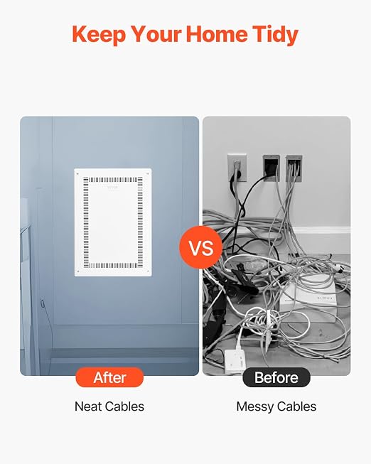 VEVOR Structured Media Enclosure, 20-Inch, Recessed in-Wall Media Box with Cover, Wall-Mount Cable Management Box Kit, Structured Wiring Multi-Media Cabinet, Cold-Rolled Steel, for TV Home Theater