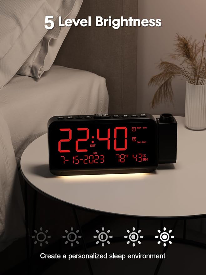 ROCAM Projection Alarm Clock with 180° Ceiling Projector & Digital Display | 5-Level Dimmer, Dual Alarms, Night Light, Temp & Humidity Display, Weekday/Weekend Mode, DST, Snooze Function for bedroom