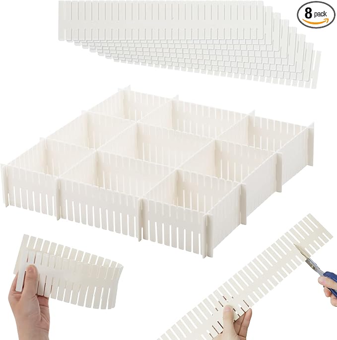 14.5 in White Adjustable Drawer Dividers, TWUTGAYW 8PC DIY Grid Drawer Organizer Dividers, Plastic Organizer Separator for Socks Underwear Makeup Cosmetic Clothes Can Help Tidy Kitchen Bedroom Dresser