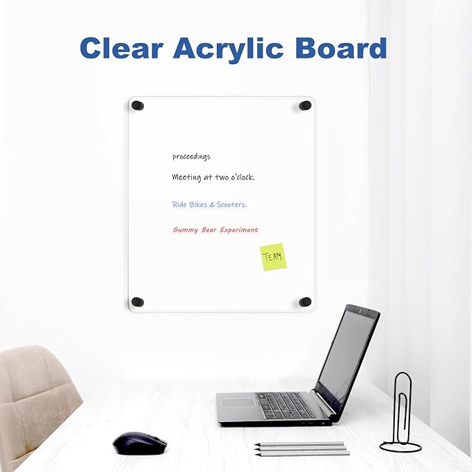 Clear Acrylic Dry Erase Board, 12" X 14" Black Non-Magnetic Frameless Clear White Board for Wall, Erasable Acrylic Board for Wall, Home, Office, School, 2 Markers
