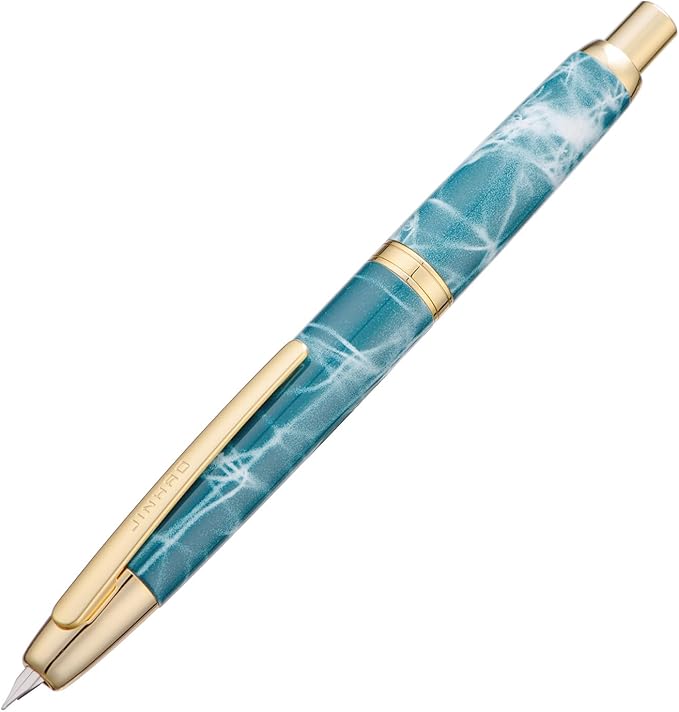 Jinhao 10 Press Fountain Pen with Box, Marble Blue Retractable Medium Nib with Ink Converter Set (Golden Clip)