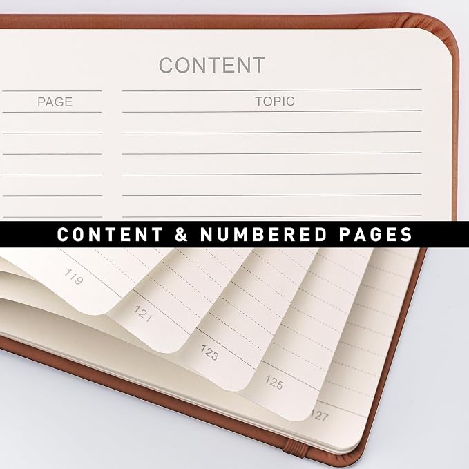 AHGXG Lined Journal Notebook, 160 Numbered Pages, A5 Medium Size (5.7'' x 8.3''), 120 GSM Thick Paper, for Men & Women, Journaling, Writing, Work & Office, Leather Hardcove (Brown)
