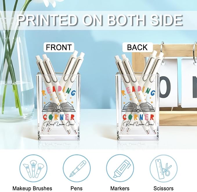 Reading Corner Acrylic Cosmetic Holder, Funny Desk Organizer for Book Lover Bookish Bookworms Readers, Library Classroom Café Desk Decoration, Pen Holder Gifts For Women Men Friends