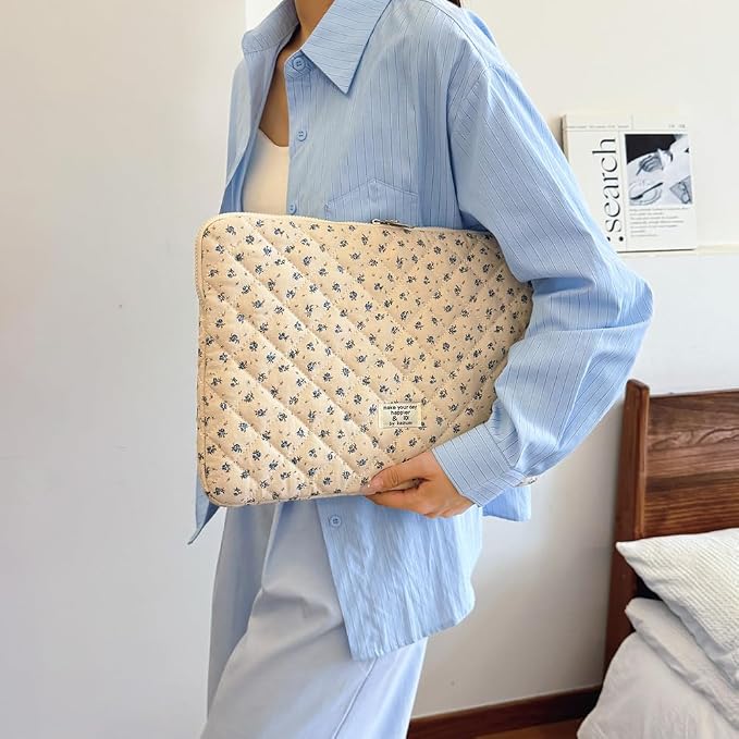 Cute Laptop Sleeve 13-15 inch Laptop Case Aesthetic Quilted Laptop Sleeve Computer Bag with Flower Printing for MacBook (A-Blue, 15inch)