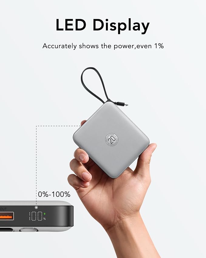 20000mAh Power Bank with 4 Built-in Cables, Travel Essentials, Gray(1 Pack) | Portable Phone Charger Fast Charging 22.5W USB C Battery Pack for iPhone 17/16/15 Series, Samsung Galaxy Series etc