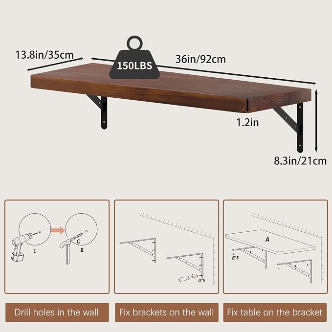 Floating Wall Desk for Home Office,Wall Mounted Table with Pine Wood,36 Inch Workbench for Garage,Work Table with Heavy Duty Brackets for Kitchen,Dining,Laundry,Floating Shelf for Wall