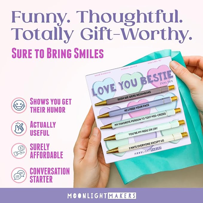 Moonlight Makers - Set of 5 Ballpoint Pens Black Ink - Engraved Funny Pens for Adults - Love You Bestie Appreciation Adult Gifts - Ideal Desk Decor for Work & Office Desk - Cute Packaging, Handy Clips