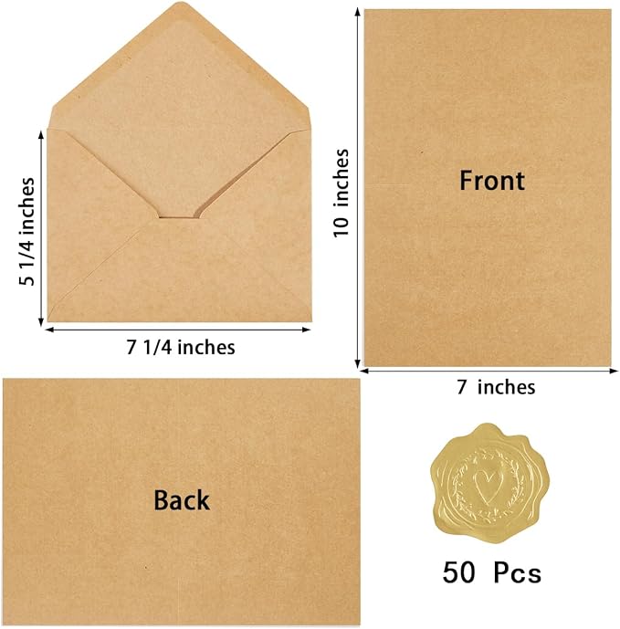 50 Pack Kraft Paper A7 Envelopes with Cards and Gold Stickers, 5x7 | With Thick Folded Cardstock, For Greeting Cards, Wedding, Birthday, Invitations, Baby Showers