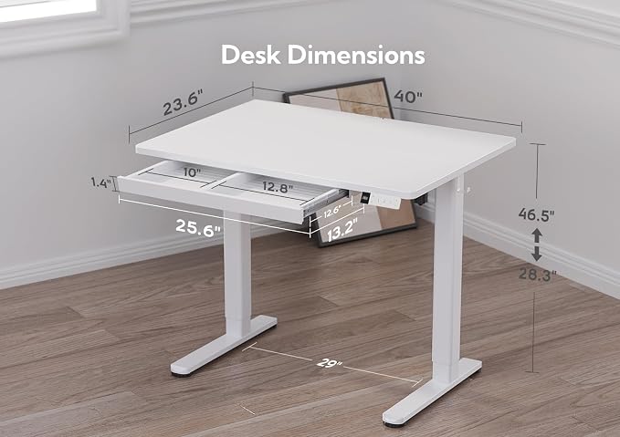 Claiks Electric Standing Desk with Drawer 40 Inch White | Sturdy steel frame supports 176 lbs, 28.35-46.46 inch height range, 3 preset buttons, 45 dB motor, 2 hooks