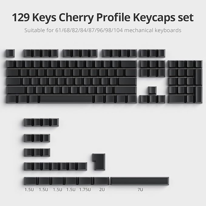 Guffercty kred Black Grey Blank Keycaps Thick PBT Cherry Profile, 129 Keys Minimalist Dolch Keycap Set with 7U Spacebar for Mechanical Keyboard(Blank Grey Black)