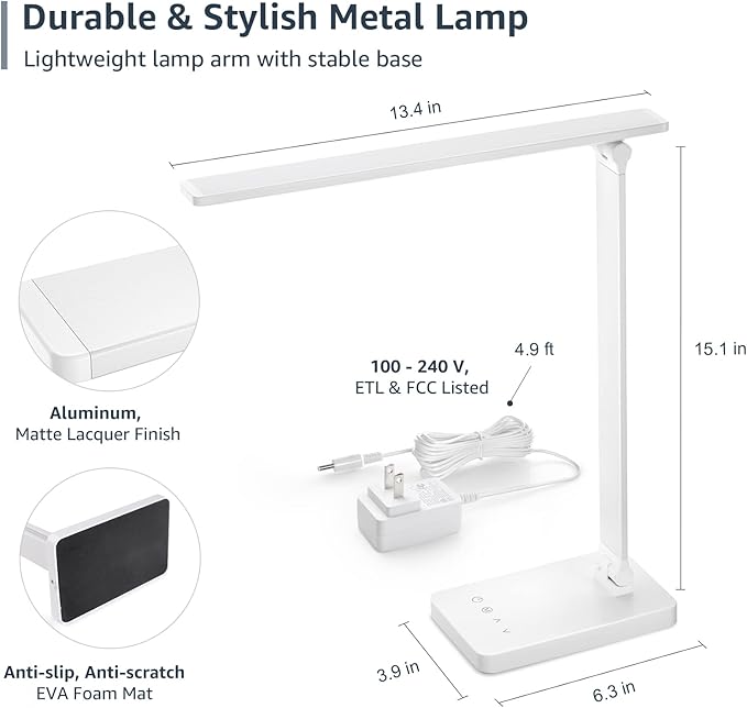 Lepro LED Desk Lamp, Metal Desk Light 9.5W 800lm, Best Task Lamp, 5 Color Modes 5 Brightness Level, Dimmable Home Office Desktop Lamp for Reading, Crafting, Sewing, Puzzle, Nail, White
