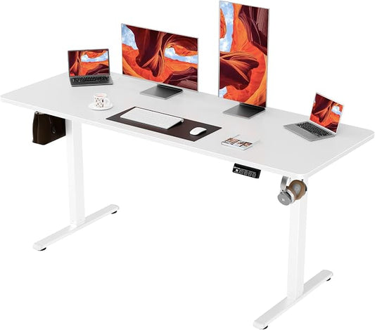 ERGOMAKER 63"x24" Standing Desk, Height Adjustable Sit-Stand Office, White | Electric Adjustable Standing Desk, Sit to Stand Computer Office Desk with Splice Board, Memory Preset, Lifts 28.7''-46.5"