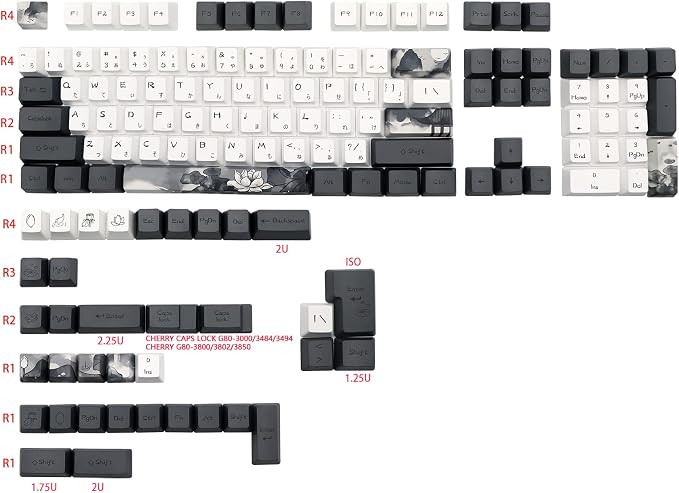 JSJT Ink Lotus Keycaps OEM Profile Japanese Keycaps 140 Keys PBT Dye Sublimation Custom Keycap Suitable for GK61/64/68/84/87/96/98 Cherry MX Switches ANSI/ISO Layout Mechanical Keyboards