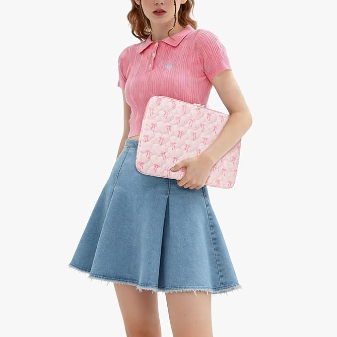 Cute Bow Puffy Laptop Sleeve 13-15 Inch Cute Quilted Laptop Protective Case Padded Bow Computer Sleeve for MacBook