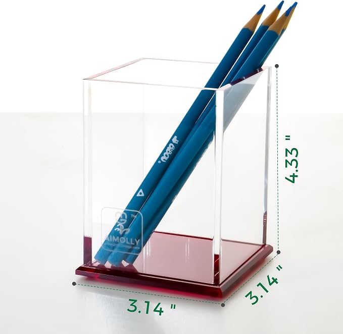 Red Acrylic Pencil Pen Holder Cup, Desk Accessories Holder,Makeup Brush Storage Organizer, Modern Design Desktop Stationery Organizer for Office School Home Supplies, 3.1x 3.1x 4.3 inch