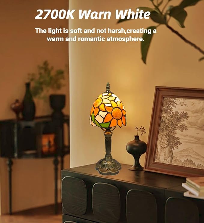 BMXKPO Tiffany Style Table Lamp,Sunflower Stained Glass Lamp,6 Inch Small Antique Bedside Lamp, for Bedroom Living Room Home,Included Dimmable LED Bulb 8W