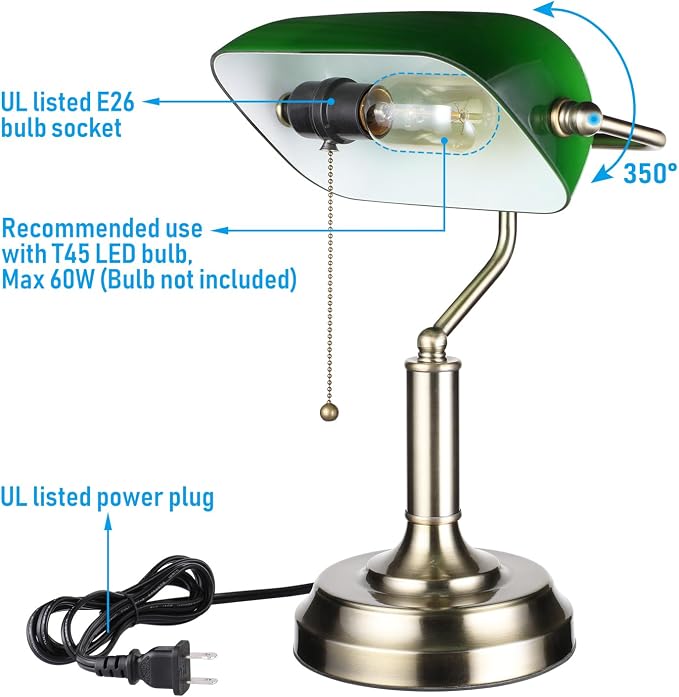 TORCHSTAR Green Glass Bankers Desk Lamp with Pull Chain, E26 Base | Brass Finish Base, Antique Traditional Library Lamp for Office Study Room, Bulbs not Included