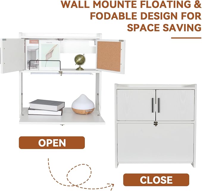 ARTETHYS Wall Mounted Desk Folding with Light Drop Down Hanging Desk | Multifunctional Fold Down Laptop Computer Table, Writing Workstation with Storage Compartments, Space Saving for Home Office