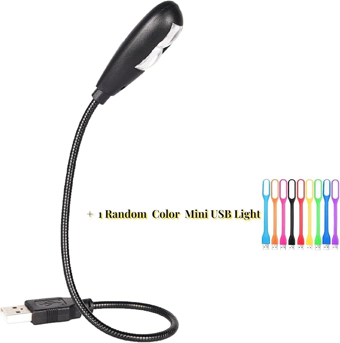 LED USB Reading Lamp Light with 2-Brightness Dimmable Setting, Flexible Gooseneck USB Light for Notebook Laptop Keyboard, Powerbank(On/Off Switch, 1 Black+1 Mini USB Light)