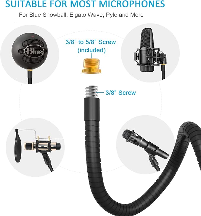 ZealSound Microphone Stand Gooseneck 13”, Flexible Clamp-On Desktop Mic Stand with 360° Adjustable Arm, 3/8" to 5/8" Adapter, Heavy-Duty Desk Mount, for Podcasting, Streaming, Podium & Public Speaking