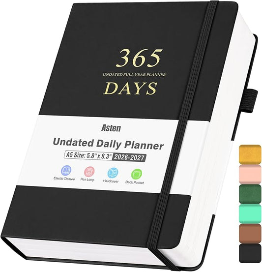 Daily Planner Undated, Planners 2026-2027, 365 Day Planners, Work Planner for Men, Hourly Planner Notebook for Goal Setting, Appointment Agenda, Hardcover, Start Anytime, A5, Black