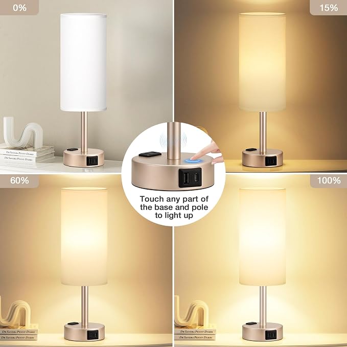 Antique White Bedside Table Lamp for Bedroom - 3 Way Dimmable Touch Lamp USB C Charging Ports and AC Outlet, Small Lamp Gold Base Round Flaxen Fabric Shade for Living Room, Desk, LED Bulb Included
