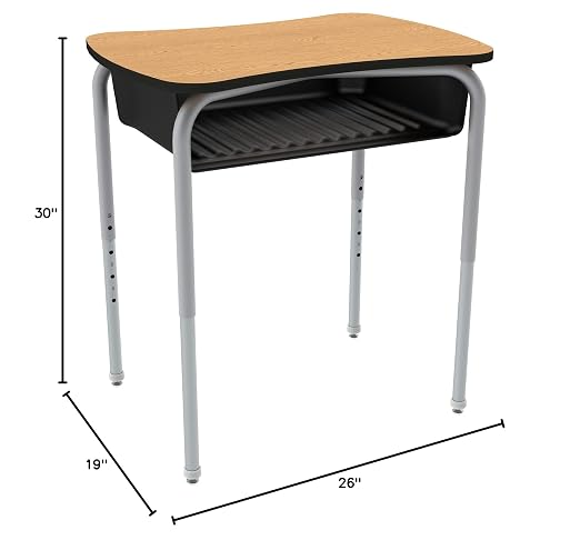Bow Tie Adjustable Height Open Front Desk with Laminate Top -Oak Top, Black Book Box, Silver Mist Frame (2-Pack)