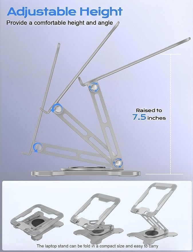 JCZT Adjustable Laptop Stand, 360° Rotating Base Ergonomic Computer Stand, Foldable Laptop Stand for Desk for Office Home Fits Compatible with MacBook Pro Air (10-16") - Gray