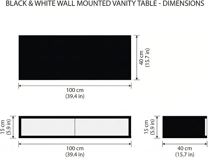 Wall Mounted Floating Vanity Desk with 2 Storage Drawers Modern MDF Makeup Table – 39.4 x 15.7 x 5.9 in (100 x 40 x 15 cm), Space-Saving Dressing Table for Bedroom or Small Spaces (Black)
