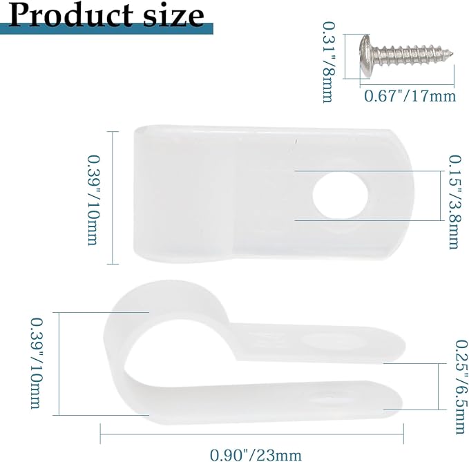 50 Pcs 1/3 Inch White Nylon R-type Cable Clip Wire Clamp | 8.4mm, Wire Management, Stainless Steel Screws Included