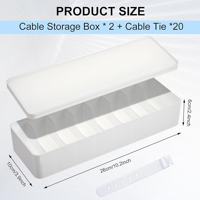 Tatuo 4 Pcs Cord Organizer for Drawer Desktop, Cable Organizer Box with 8 Compartments and Wire Ties, Plastic Charger Storage with Lid, Electronics Case for Home Office Accessories (Small,White)