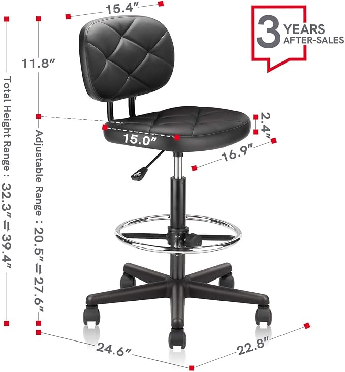 KLASIKA Tall Drafting Rolling Stool Chair with Low Back Support and Adjustable Foot Rest Ring Set of 2 PU Leather Vinly Wide Seat Swivel Standing Desk Chair for Office Home 2 Pack