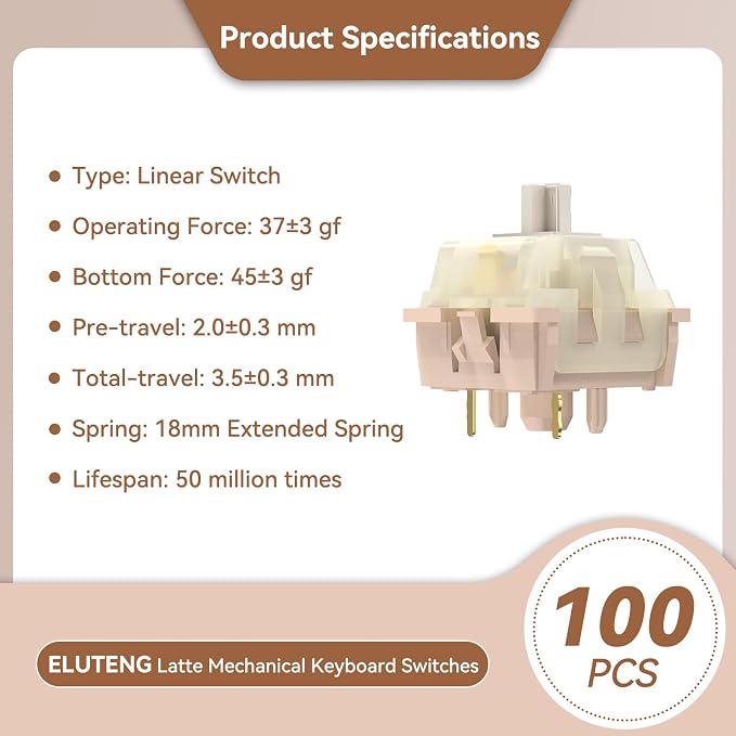 ELUTENG Brown Mechanical Keyboard Switches 100 Pieces 48gf Tactile Switches for Gaming Mechanical Keyboards 5 Pins POM Stem Pre Lubed Key Switches Compatible with MX Keyboard