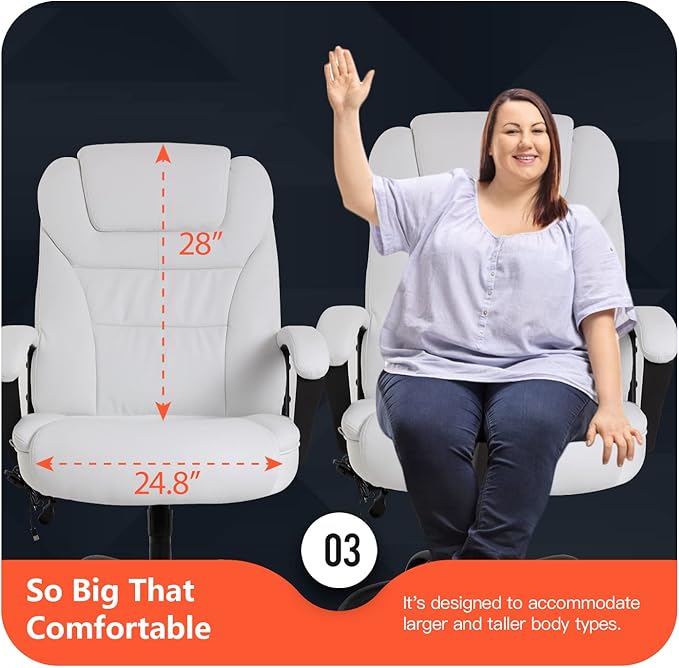 Office Chair Big and Tall 500lbs Ergonomic Computer Chair High Back PU Leather Wide Seat Desk Chair with Lumbar Support Arms Executive Task Chair for Hone Office,White