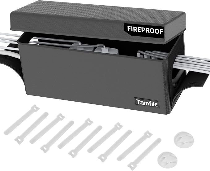 Tamfile Cable Management Box, Fireproof Foldable Cord Organizer and Cover | Heat Resistant Large Power Strip Organizer for TV Wires, Computer and USB Hub with Cable Clips & Reusable Cable Ties, Black