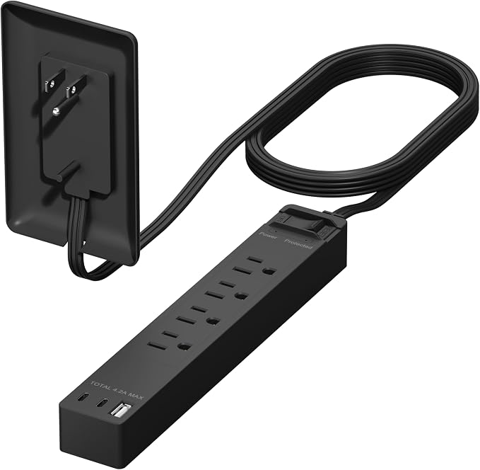 LIDER Surge Protected Outlet Extender, 4-Outlet Power Strip, 21W USB-A & 2 USB-C, Ultra-Thin Wall Plate Plug with Cord Extender, Flat-Face, 5ft Cord, 1500J, 1625W, ETL Listed, Matte Black