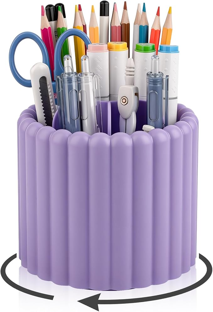 360° Rotating Pen Holder for Desk Removable Pencil Organizer, Purple | 7 Slots Pen Cup Cute Office Supplies and Accessories Plastic Desktop Storage Box Art Caddy for School, Work, Home