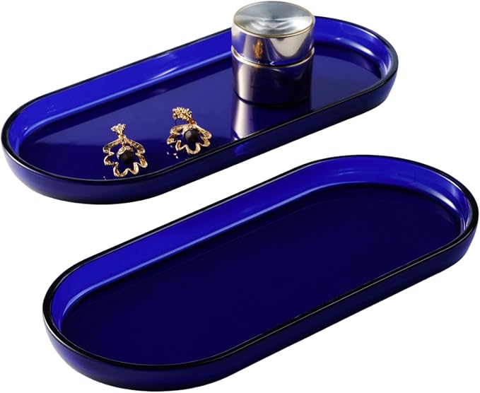 SheeChung Acrylic Vanity Tray, Bathroom Makeup Organizer Countertop, Blue | 9.65" x 4.5", Perfume Jewelry Candle Dispenser Catchall Tray, Sturdy Holder for Cabinet Shelf Closet Drawer Organizer, 2 Pack