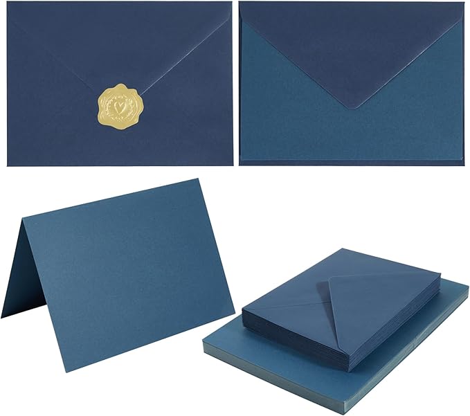 50 Pack Navy Blue A6 Envelopes with Cards and Gold Stickers, 4x6 | With Thick Folded Cardstock, For Greeting Cards, Wedding, Birthday, Invitations, Baby Showers