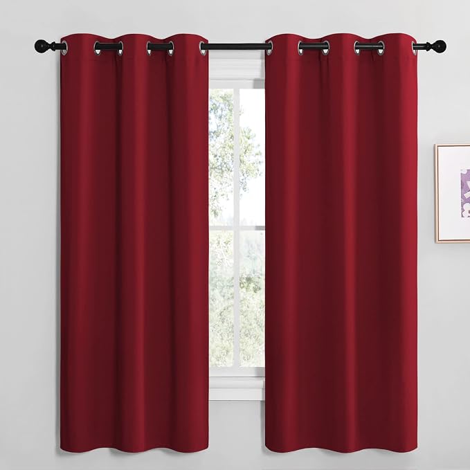 NICETOWN Christmas Burgundy Red Kitchen Blackout Curtain Panels, Thermal Insulated Grommet Top Blackout Draperies and Drapes for Basement (2 Panels, W42 x L68-inch)