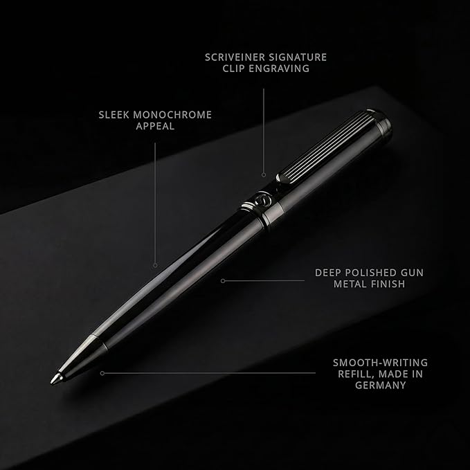 Scriveiner Gun-Metal Lacquer Ballpoint Pen - Stunning Luxury Pen, Schmidt Black Refill, Best Gift Set for Men & Women, Professional Executive Office, Nice Fancy Designer Pens