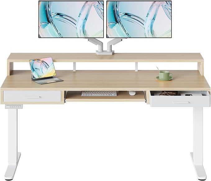 HUANUO 63″ x 26″ Electric Standing Desk with 2 Drawers &24.4″ Large Keyboard Tray, C-Clamp Mount Compatible, Adjustable Computer Desk for Office, Sit Stand Up Desk with 4 Height Presets, Light Walnut