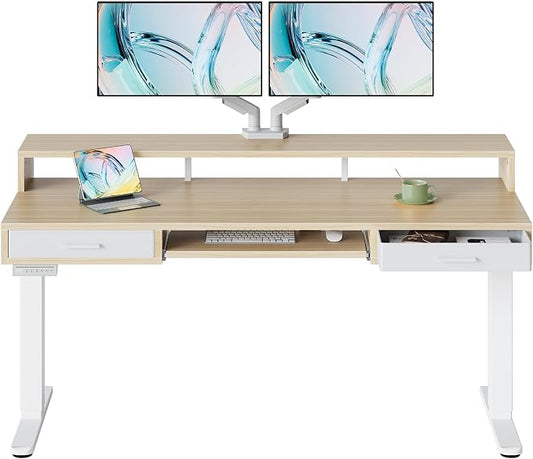 HUANUO 63″ x 26″ Electric Standing Desk with 2 Drawers &24.4″ Large Keyboard Tray, C-Clamp Mount Compatible, Adjustable Computer Desk for Office, Sit Stand Up Desk with 4 Height Presets, Light Walnut