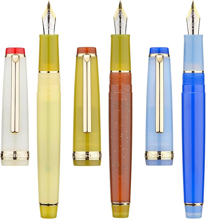 Set of 3 Jinhao 82 Fountain Pens Mixed Color Acrylic Classic Style Fine Point Gold Trim Pen with Converter Set